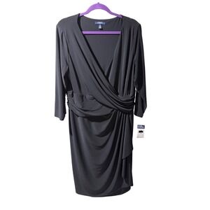 Chaps New Black Faux Wrap Stretch Midi Dress 18W V-Neck Long Sleeve Draped Waist